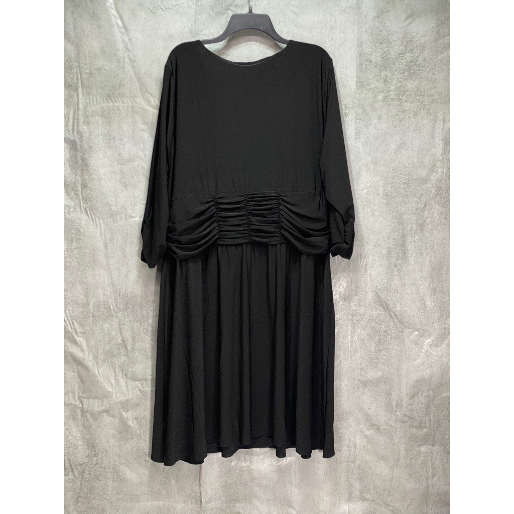 NY COLLECTION Plus Size Solid Black 3/4 Sleeve Ruched Waist Pull-Over A-Line Dress SZ 3X