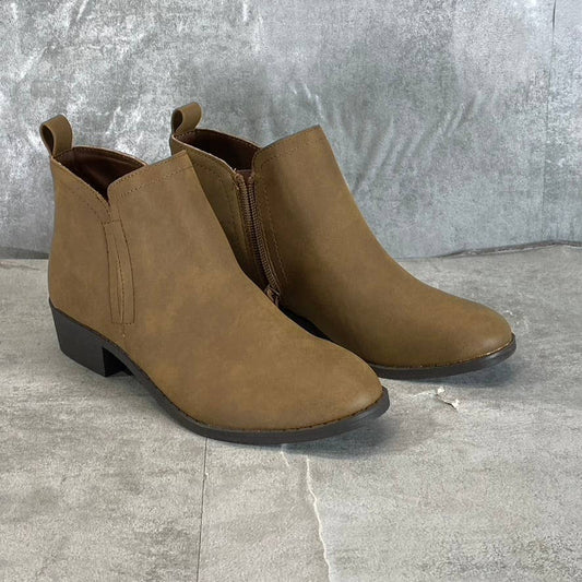 SUN+STONE Women's Tan Cadee Memory Foam Slip-On Block Heel Ankle Booties SZ 5.5