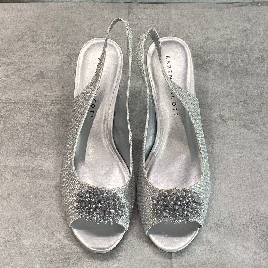 KAREN SCOTT Women's Silver Glitter Embellished Breena Peep-Toe Slingback Pumps SZ 10