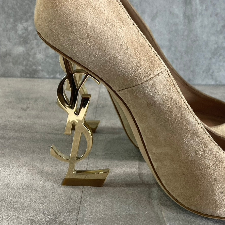SAINT LAURENT Women's Misia Beige Suede Mid Heel Pointed-Toe Pumps SZ 7