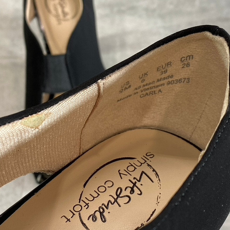 LIFESTRIDE Women's Black Fabric Carla Peep-Toe Slip-On Pumps SZ 9