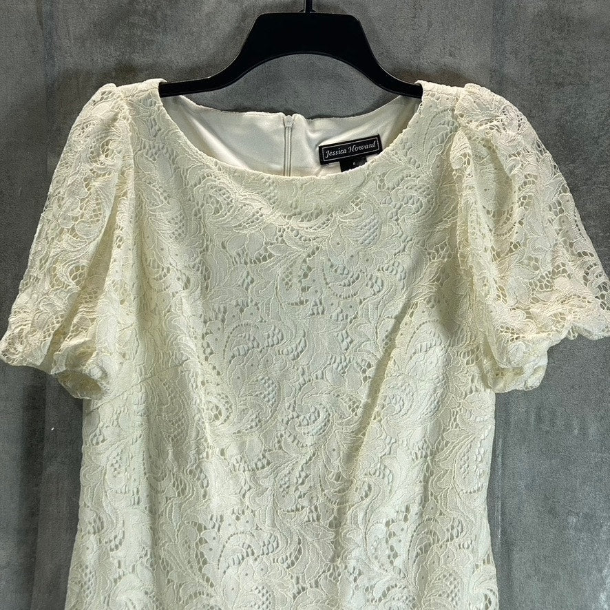 JESSICA HOWARD Women's Off-White Lace Scalloped Puff-Sleeve Mini Shift Dress SZ8