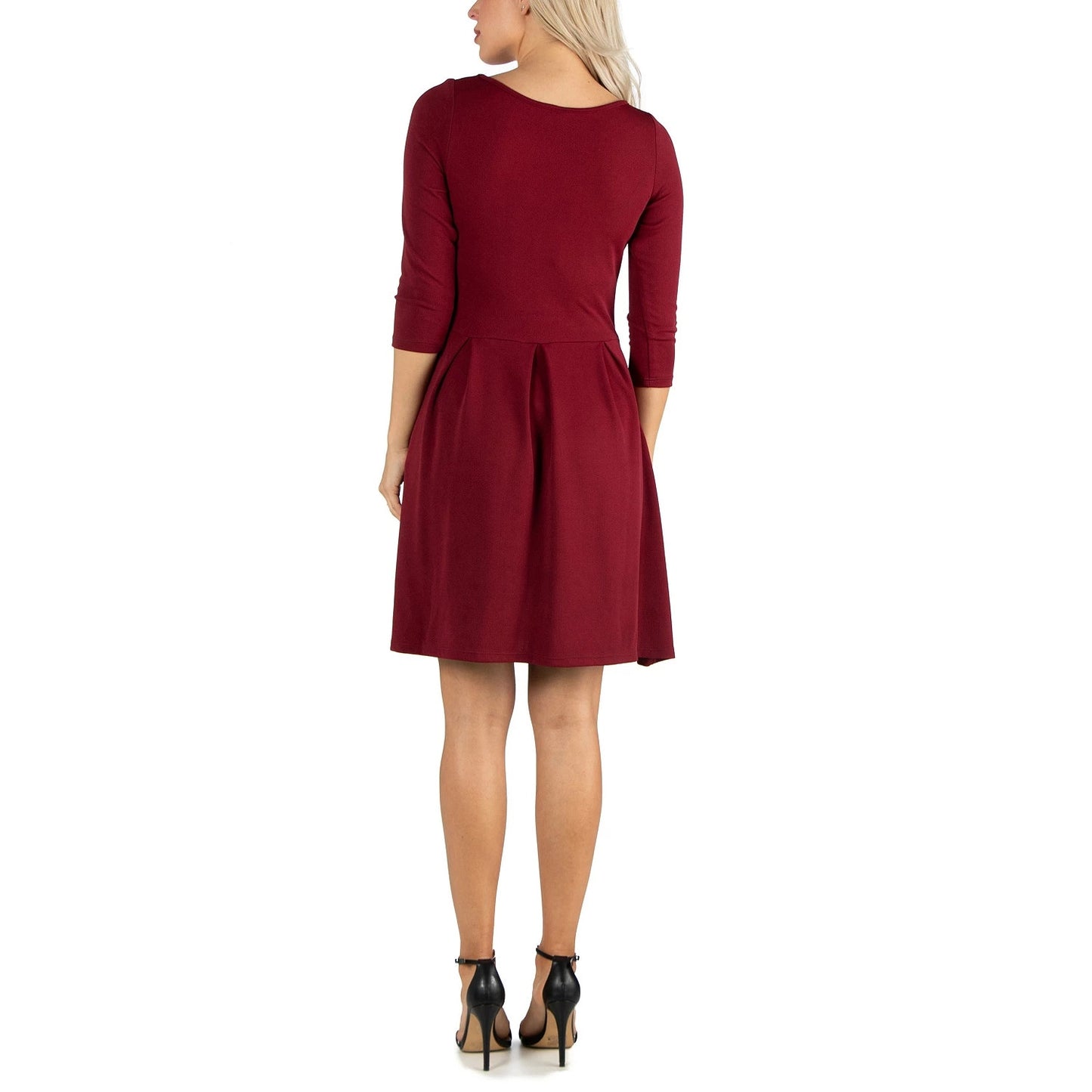 24/7 COMFORT APPAREL Women's Burgundy 3/4 Sleeve Fit & Flare Two-Pocket Mini Dress SZ M