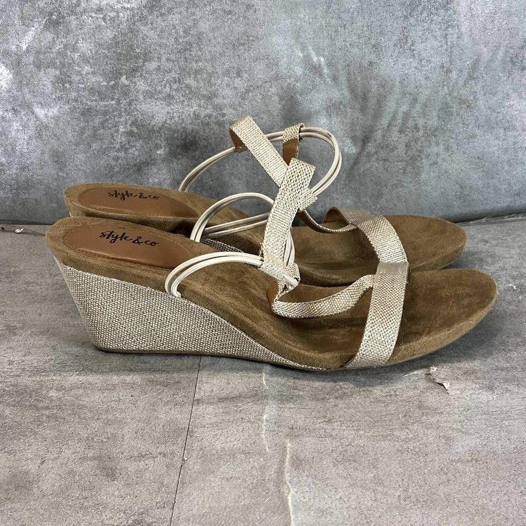 STYLE & CO Women’s Shine Canvas Mulan T-Strap Slingback Wedge Sandals SZ 9.5