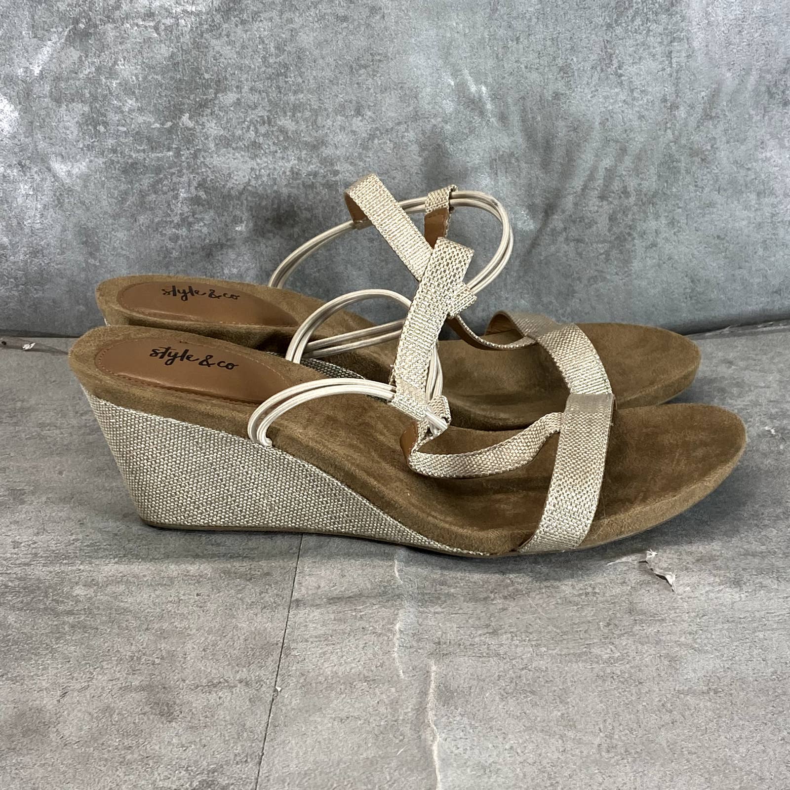 STYLE & CO Women’s Shine Canvas Mulan T-Strap Slingback Wedge Sandals SZ 9.5