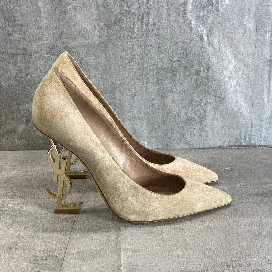 SAINT LAURENT Women's Misia Beige Suede Mid Heel Pointed-Toe Pumps SZ 7