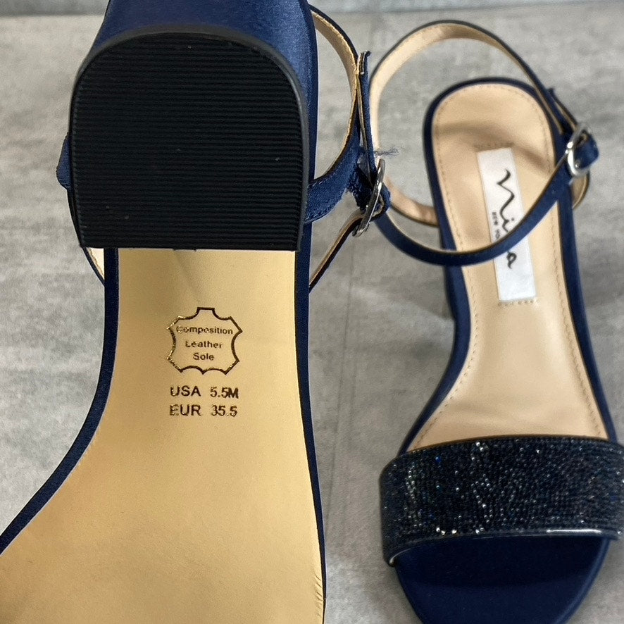 NINA Women's New Navy Satin Haven Rhinestone Ankle-Strap Block-Heel Sandals