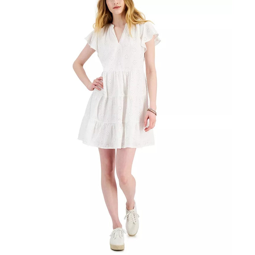 STYLE & CO Women's Bright White Flutter-Sleeve Eyelet Tiered Mini Dress SZ M