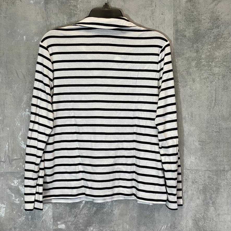 CHARTER CLUB Women's Petite Black/White Striped Collared Long Sleeve V-Neck Top SZ P\L