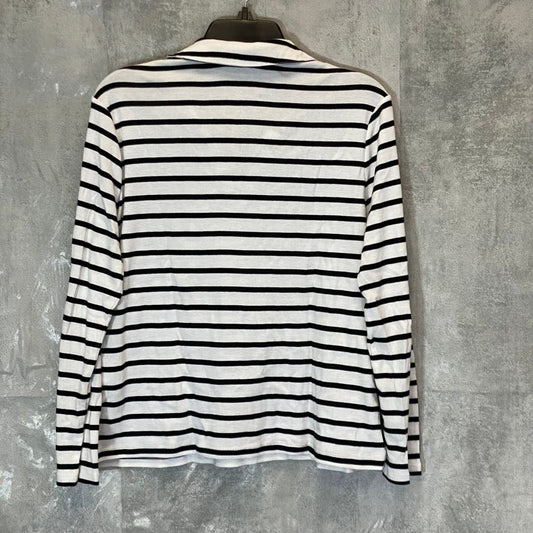 CHARTER CLUB Women's Petite Black/White Striped Collared Long Sleeve V-Neck Top SZ P\L