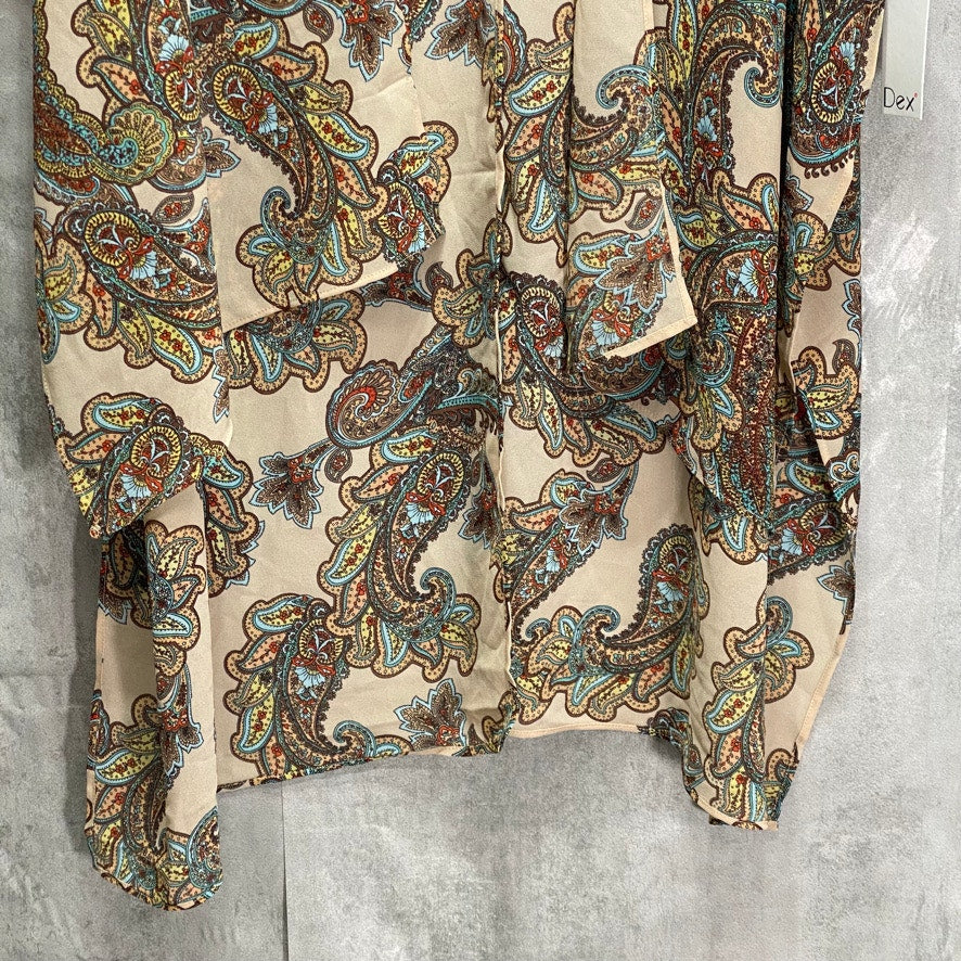 DEX Tan Paisley-Printed Chiffon Flutter Short-Sleeve Oversized Lightweight Kimono SZ M