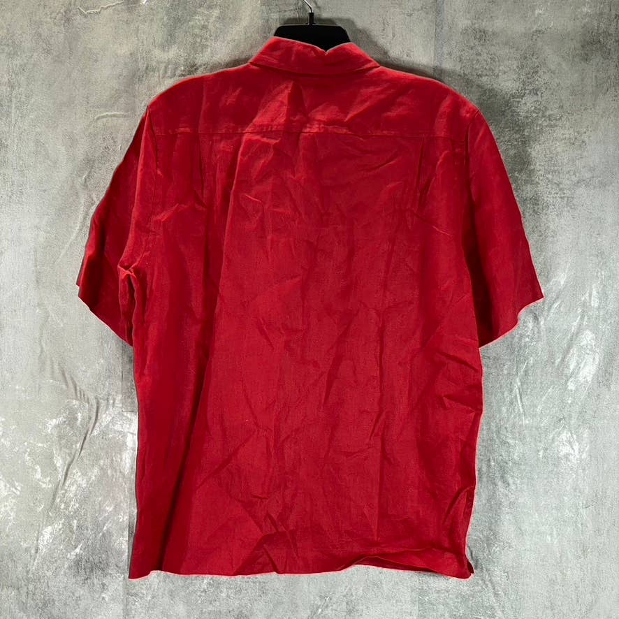 DKNY Men's Red Linen Woven Button-Up Short-Sleeve Shirt SZ M