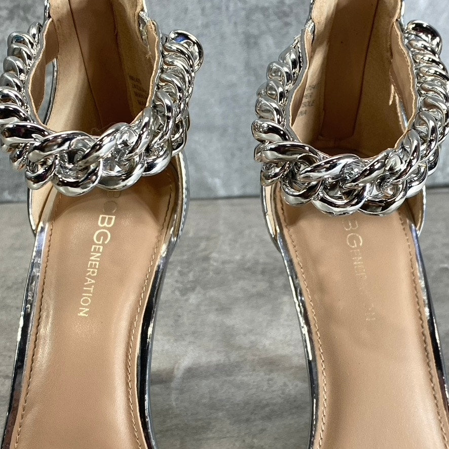 BCBGENERATION Women's Silver Jadia Chain Detail Ankle Strap Dress Sandals SZ 9