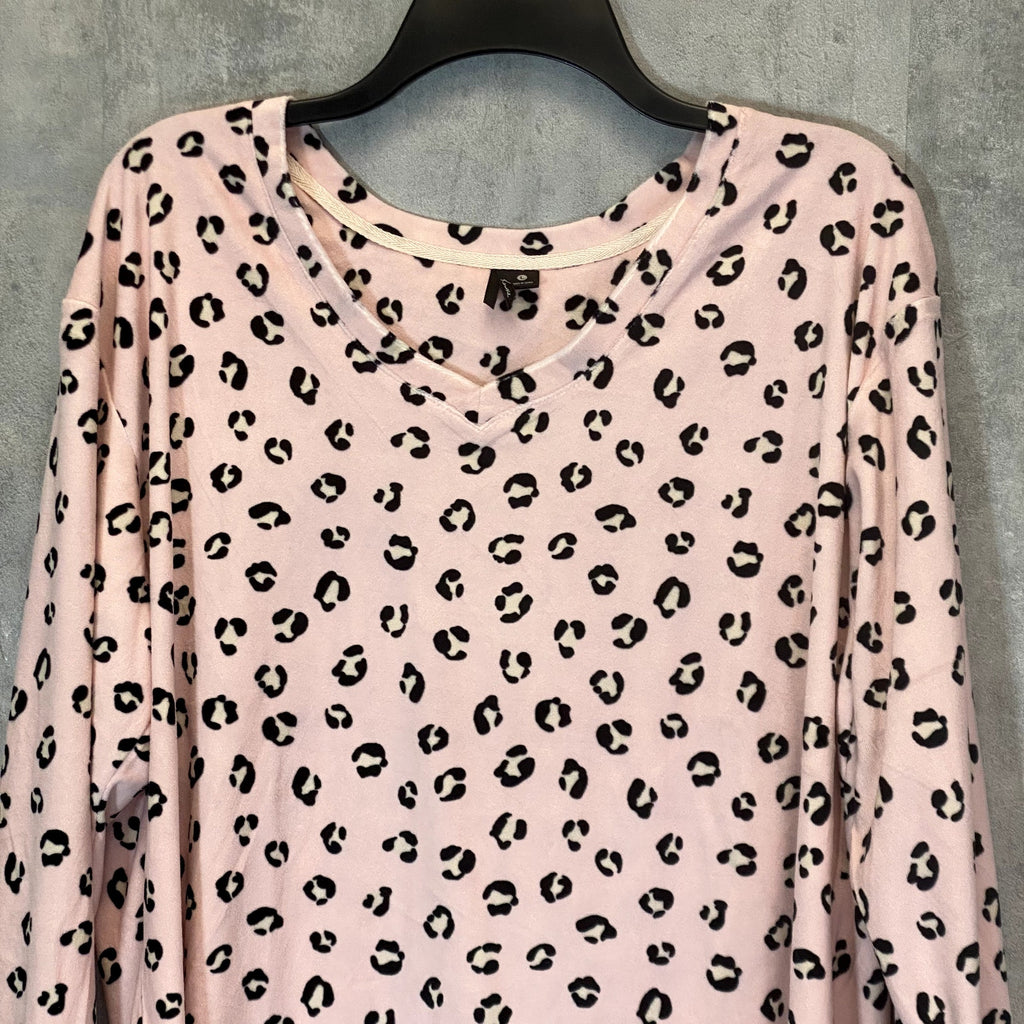 KENSIE Women's Pink Animal Print Long Sleeve V-Neck Fleece Pullover Pajama Top SZ L