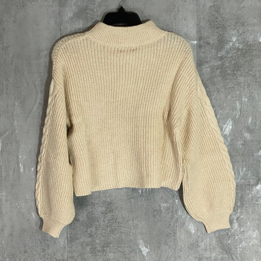 BP. Beige Oatmeal Cable Knit Balloon Sleeve Mock Neck Pullover Sweater SZ S