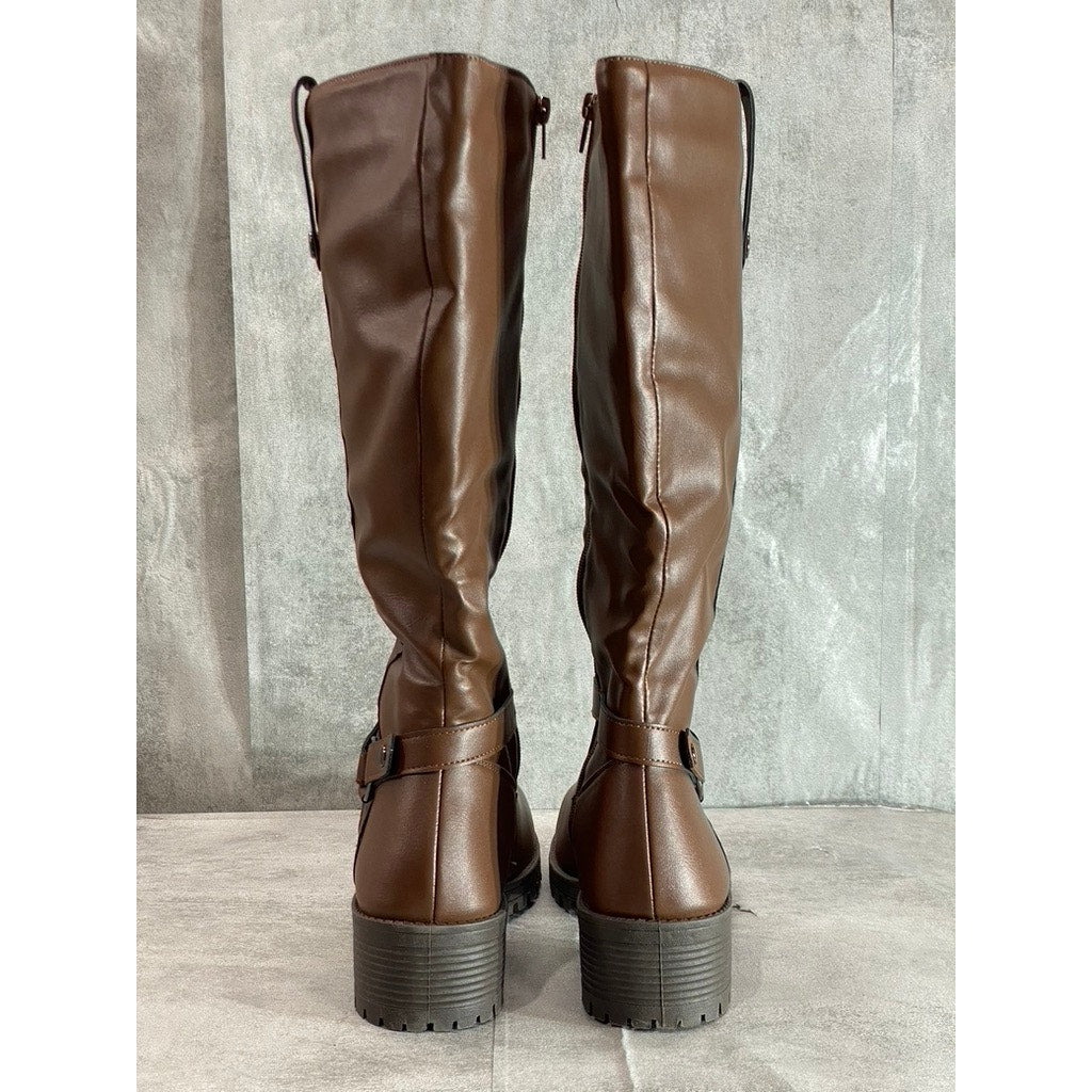 OLIVIA MILLER Women's Dark Brown Faux Leather Kristen Riding Knee-High Boots SZ 10