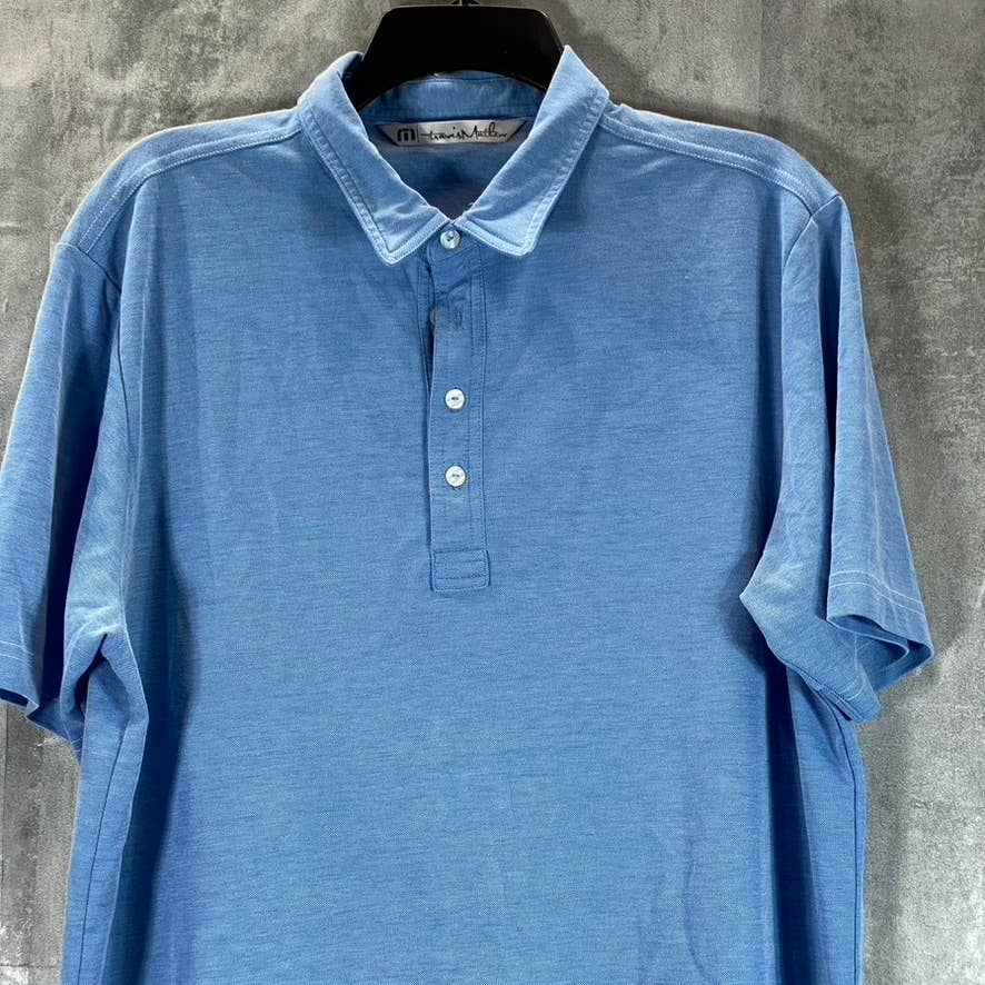 TRAVIS MATHEW Men's Blue Heathered Short-Sleeve Pima Polo Shirt SZ L