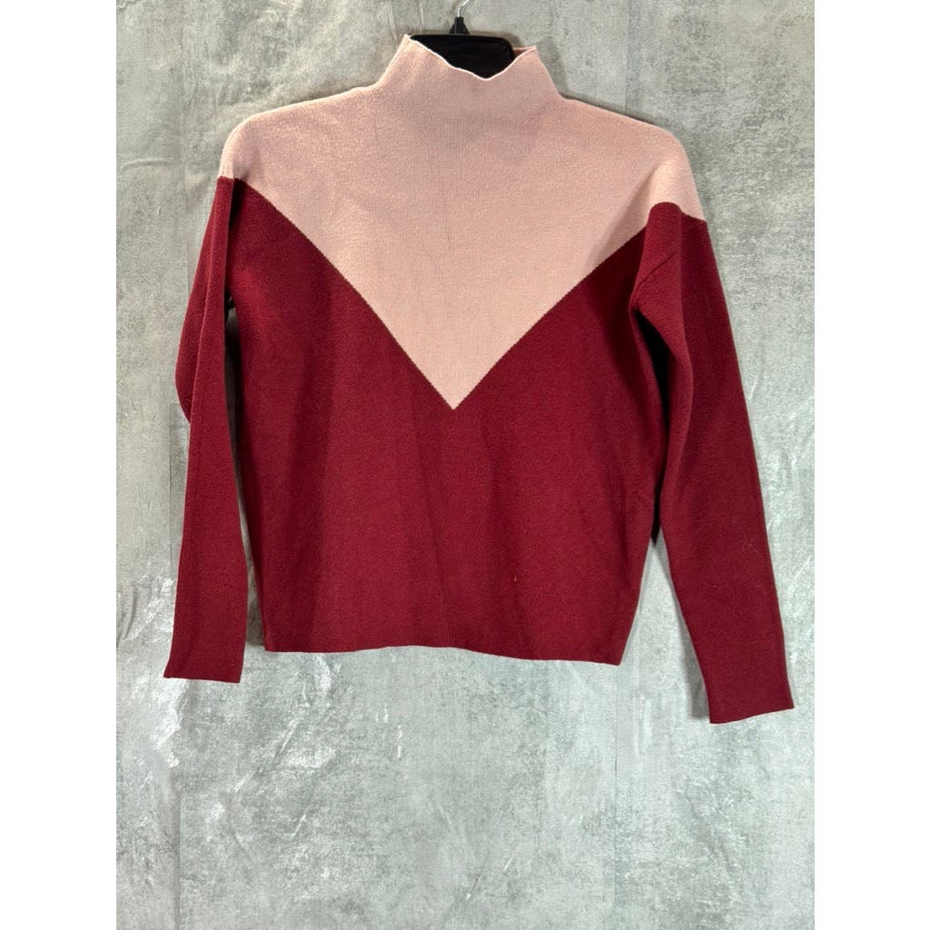 CYNTHIA ROWLEY Women's Burgundy/Pink Colorblock Mock-Neck Pullover Sweater SZ XS