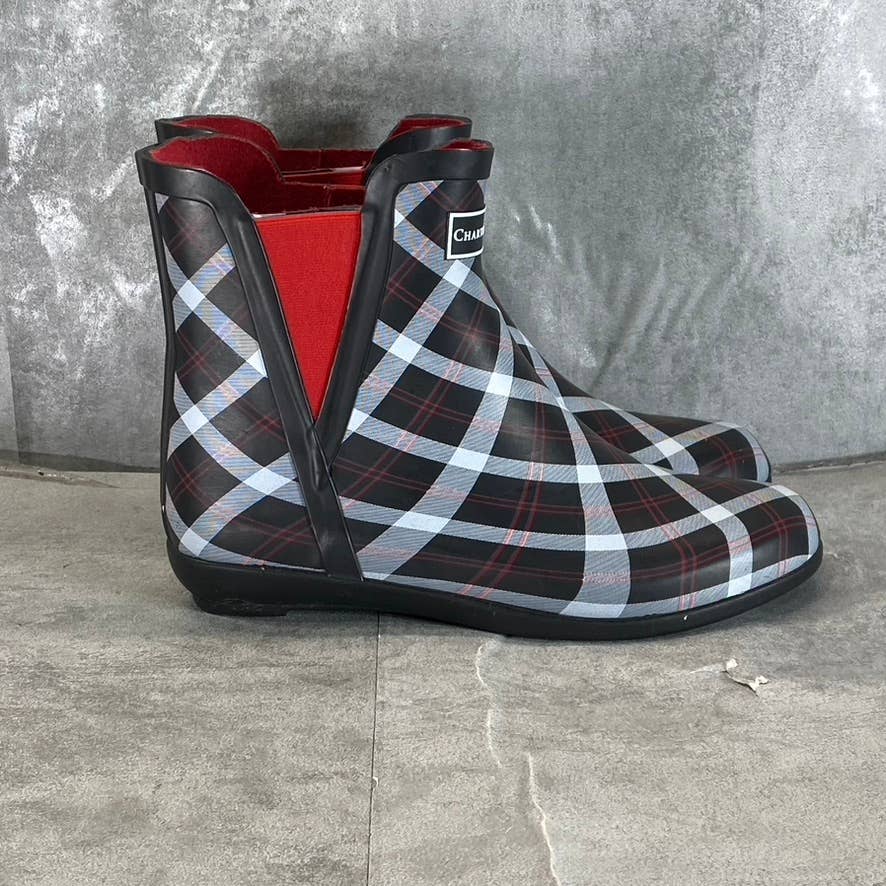 CHARTER CLUB Women's Black/Red Cloudburst Pull-On Rain Boots SZ 8