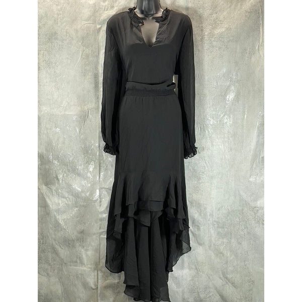 1. STATE Women's Black Split-Neck Smocked Hi-Low Long Blouson Sleeves Dress SZ M