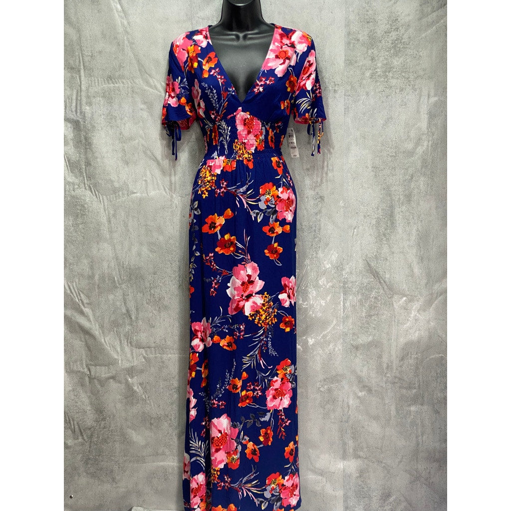 BAR III Blue Floral-Print V-Neck Smocked-Waist Short Sleeve Maxi Side-Slit Dress SZ XS