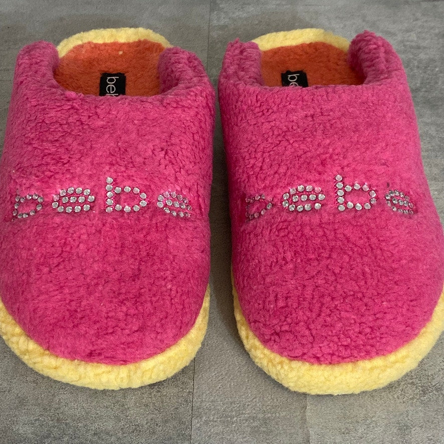 BEBE Fuchsia/Yellow Molly Faux Fur Embellished logo Slip-On Slippers SZ 10