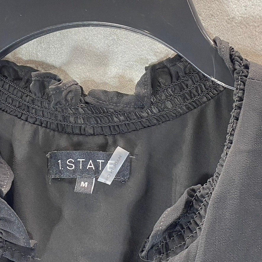 1. STATE Women's Black Split-Neck Smocked Hi-Low Long Blouson Sleeves Dress SZ M