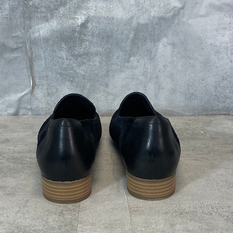 CLARKS Wide Width Black Laser-Cut Suede Juliet Hayes Block Heel Loafers SZ 10W