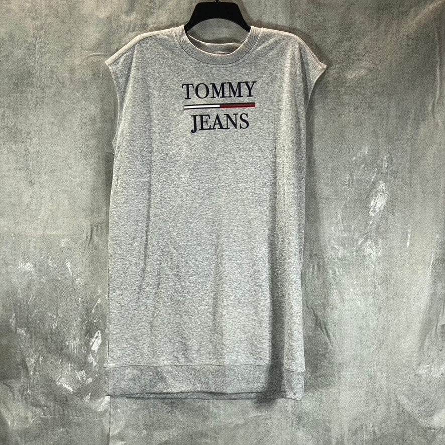 TOMMY JEANS Women's Stone Grey Heather Crewneck Cap-Sleeve Logo Mini Dress SZ M