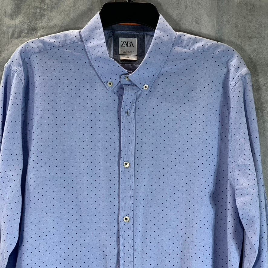 ZARA Men's Light Blue Mini Dot Printed Slim-Fit Button-Up Cotton Shirt SZ L