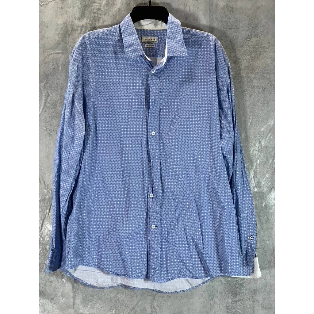 ZARA MAN Men's Blue Tailored Fit Printed Button-Up Cotton Long-Sleeve Shirt SZXL