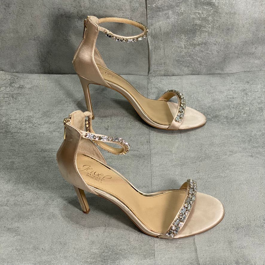 JEWEL BADGLEY MISCHKA Champagne Satin Campbell Embellished High Heel Sandals SZ 7.5