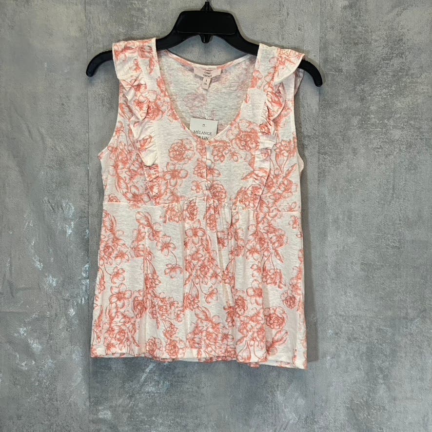 COMO VINTAGE Women's Cloud Dancer Floral Print V-Neck Ruffle Tank Top SZ S