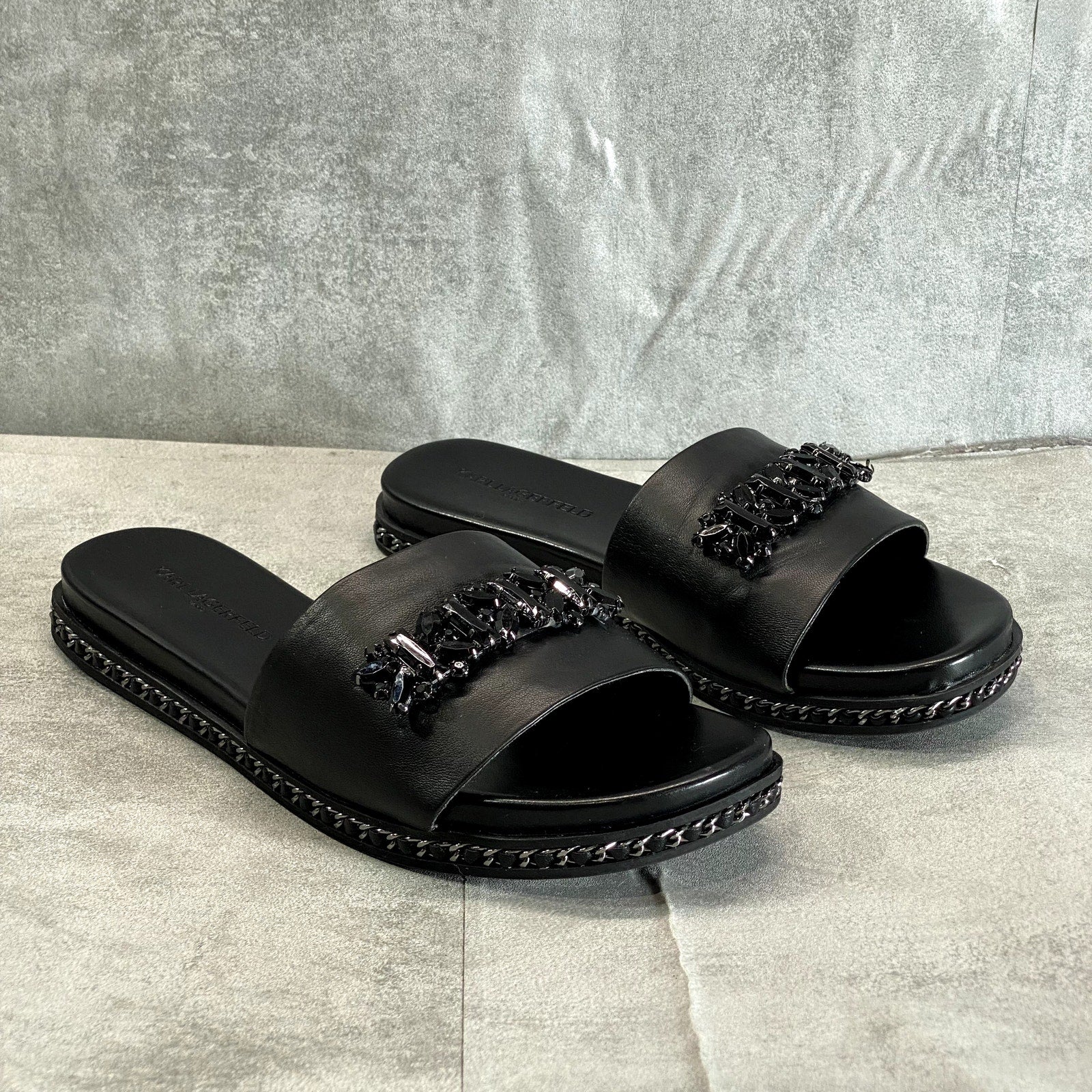 KARL LAGERFELD PARIS Women's Black Rhinestone Embellished Bijou Slide Sandals