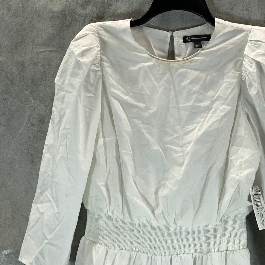 INC Women's Bright White 3/4 Puff Sleeve Cotton Smocked Midi Dress SZ M