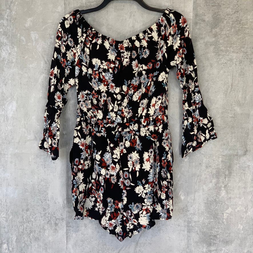 CUPCAKE AND CASHMERE Black Floral Off-The-Shoulder Long Sleeve Romper SZ XS