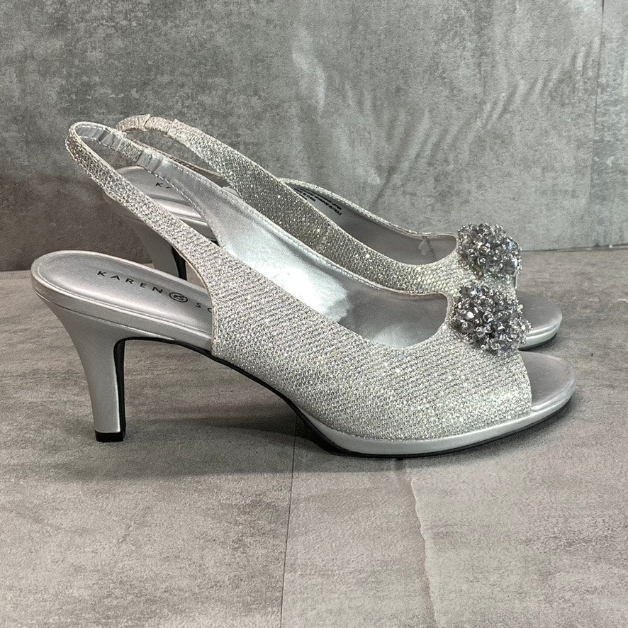 KAREN SCOTT Women's Silver Glitter Embellished Breena Peep-Toe Slingback Pumps SZ 10