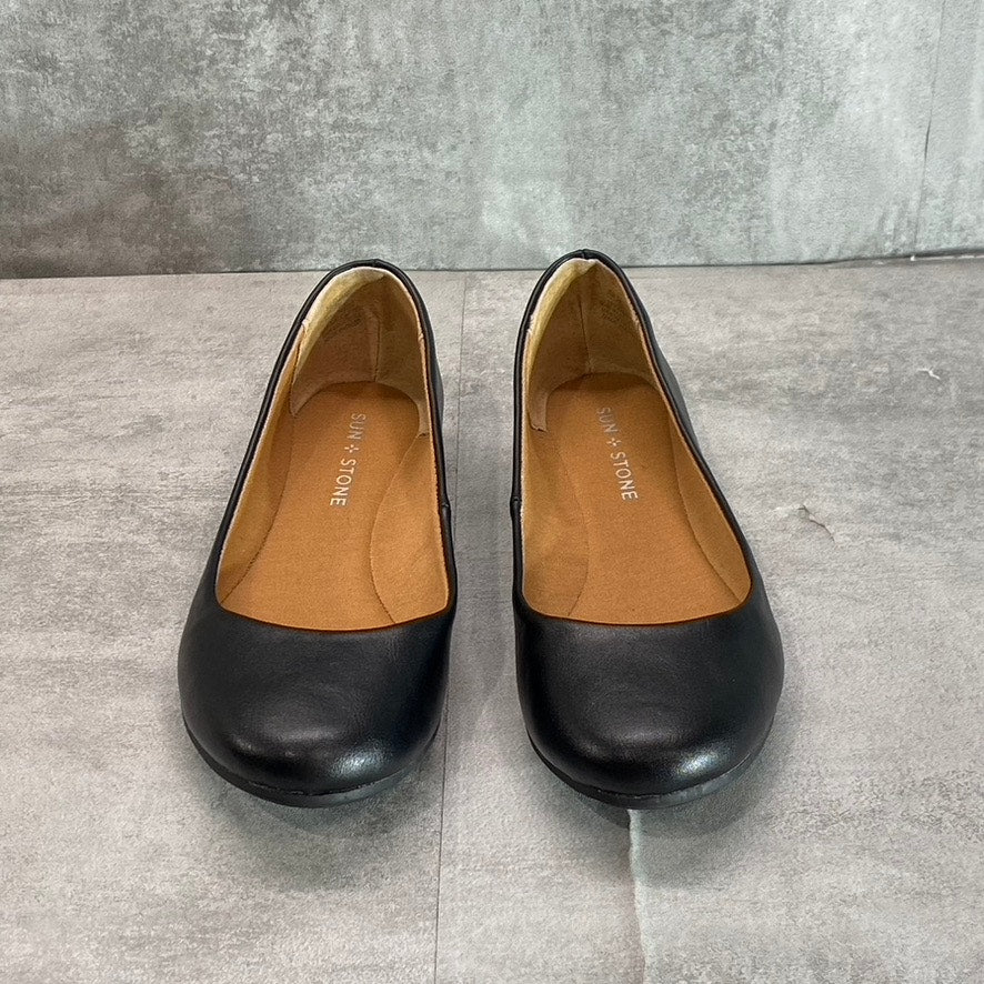 SUN + STONE Women's Black Smooth Eliana Memory Foam Round-Toe Slip-On Flats SZ 7