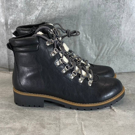 STYLE & CO Women's Black Faux-Leather Maariah Faux-Shearling Lace-Up Boots SZ 10