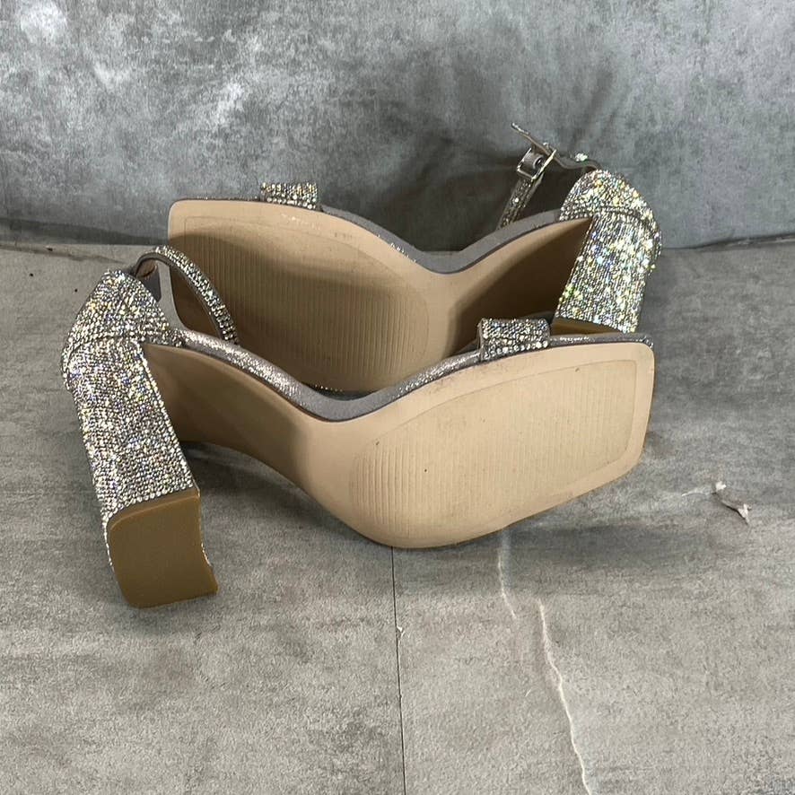 STEVE MADDEN Women's Silver Rhinestone Tiaa Square-Toe Two-Piece Sandals SZ 7