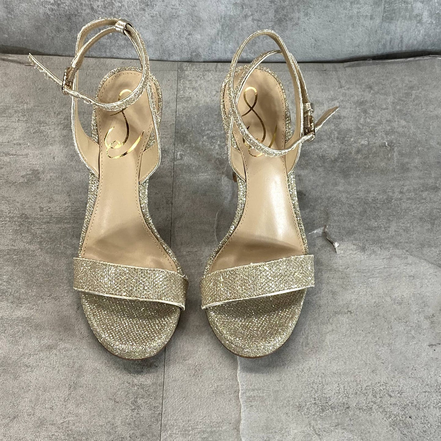 SAM EDELMAN Women's Gold Glitter Jade Ankle-Strap Stiletto Evening Sandals SZ 6