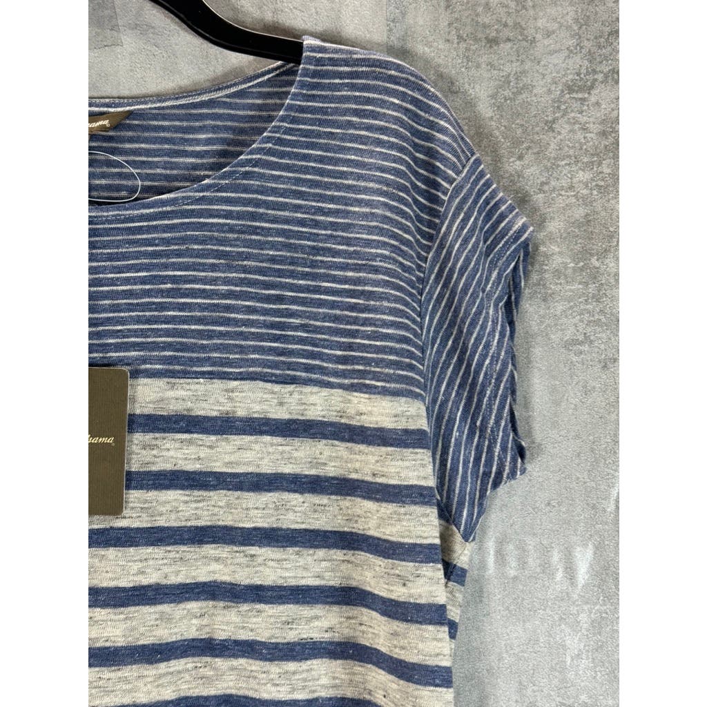 TOMMY BAHAMA Women's Grey/Blue Striped Crewneck Short Sleeve Linen Top SZ S