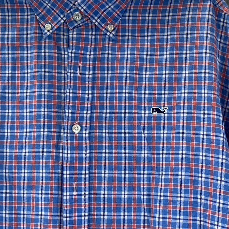 VINEYARD VINES Men's Blue/Orange Plaid Classic-Fit Button-Up Whale Shirt SZ L