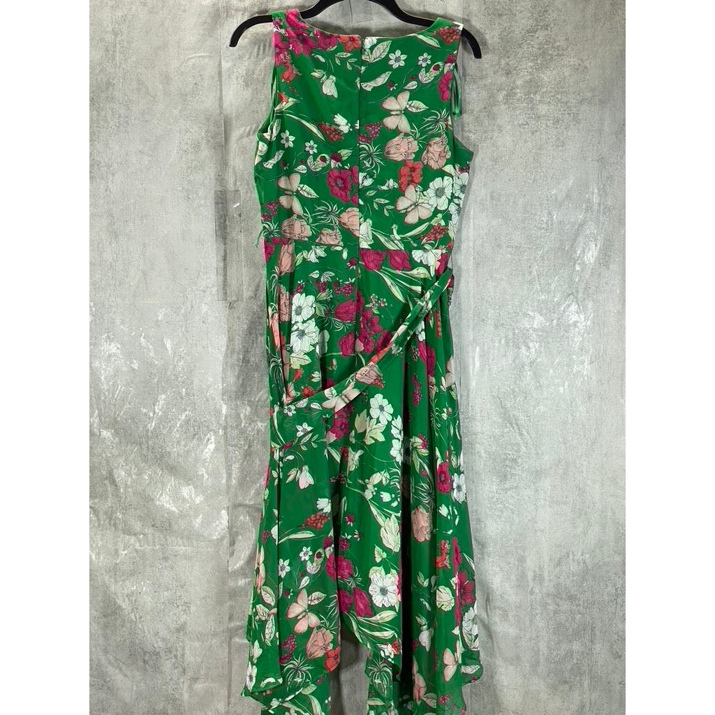 ELIZA J Women's Green Floral Print V-Neck Handkerchief-Hem Midi Dress SZ  10