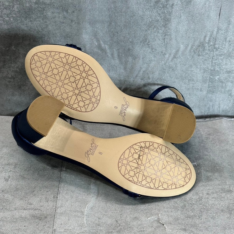 JEWEL BADGLEY MISCHKA Women's Navy Satin Ramsay Rhinestone Evening Sandals SZ 8
