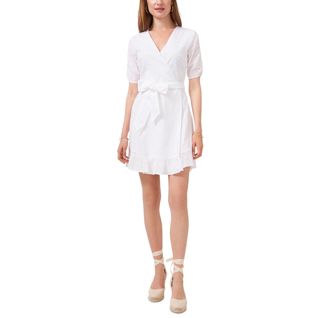 1. STATE White Wrap-Front Tie Waist V-Neck Ruched Short-Sleeve Mini Dress SZ 4