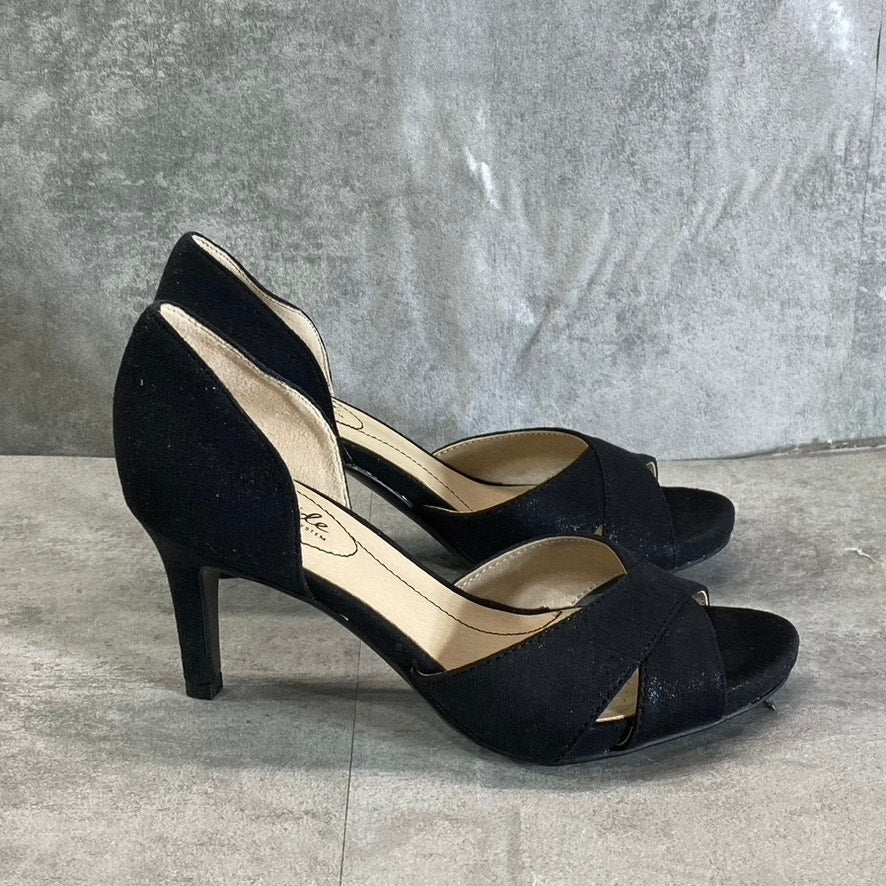 LIFESTRIDE Women's Black Glitter Mykonos Round Open-Toe Slip-On Pumps SZ 5.5