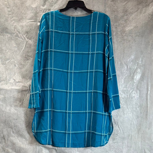 ALFANI Women's Blue Windowpane Chiffon Scoop-Neck Long-Sleeve Tunic Top SZ S