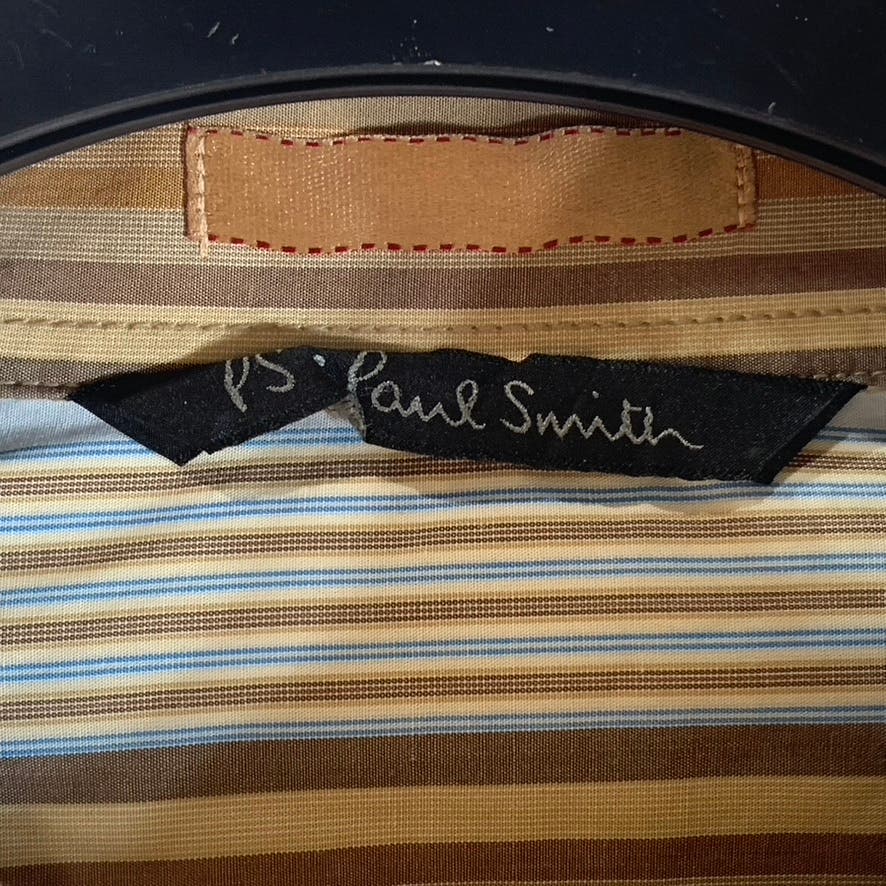 PS. PAUL SMITH Men's Brown/Blue Striped Satin-Trim Wide Cuff Shirt SZ NA