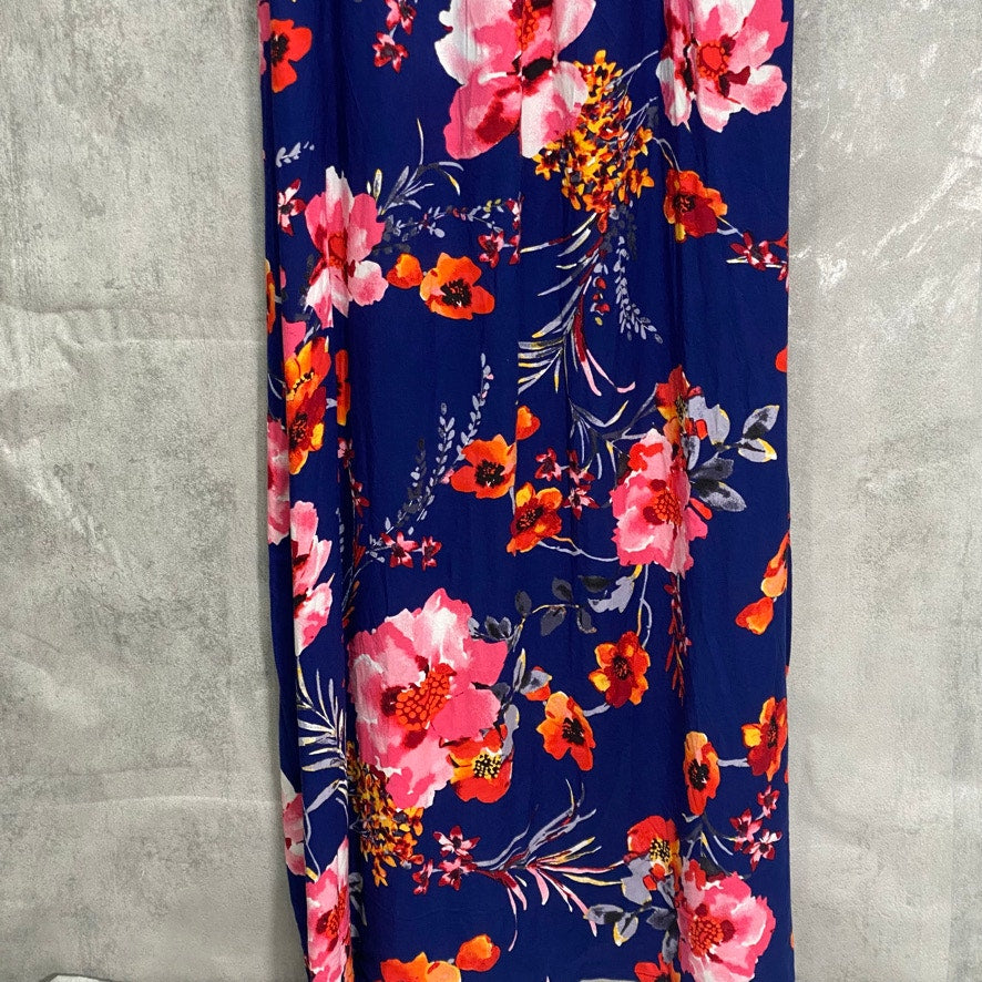 BAR III Blue Floral-Print V-Neck Smocked-Waist Short Sleeve Maxi Side-Slit Dress SZ XS